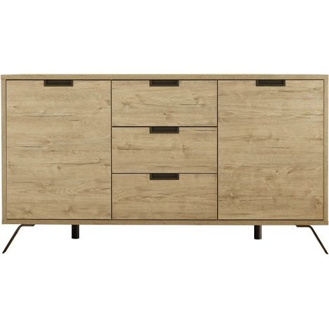 PALAMO - Buffet 2 Portes 3 Tiroirs Aspect Bois Pieds Métal Gris Foncé (1/3)