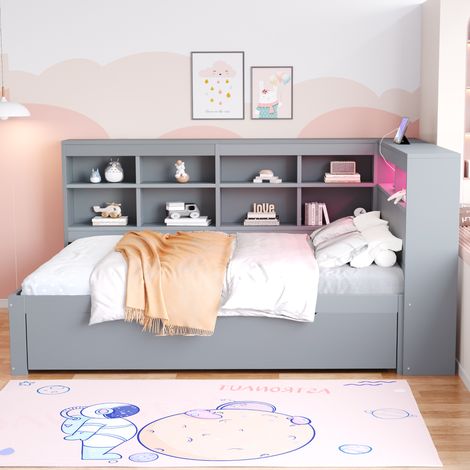 Schlafsofa Holz Grau 140x200 cm mit Stauraum, USB-Steckdose, LED und Lattenrost