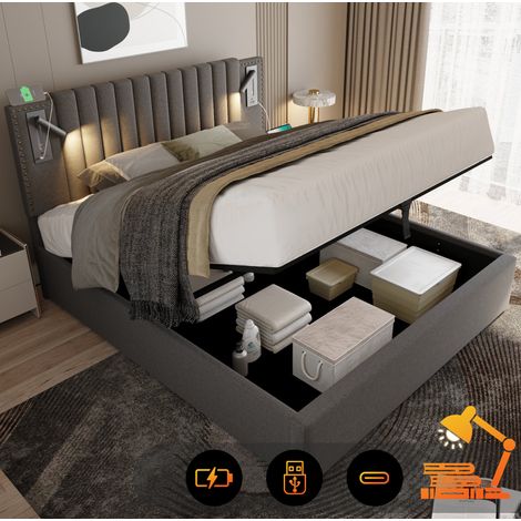 Lit coffre 180x200 cm avec tête de lit réglable, liseuses et ports USB/Type-C, gris, REDOM (1/5)