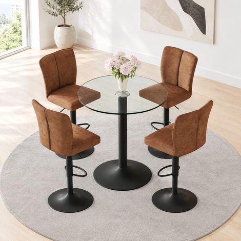 Lot de 4 tabourets de bar réglables pivotants 360° en tissu marron, métal noir avec table haute ronde en verre transparent 89 x 92 cm FLORAGRACE (1/5)