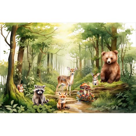 Papier peint photo pour enfants : forêt verte et ses animaux (ours en peluche, lièvre, raton laveur, renard) M174 300x200 (1/5)