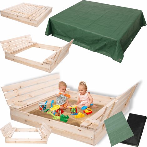 MODO24 Bac à sable en bois de jardin 140x137 cm, couvercle 2-en-1, bancs dossier, agrofibre incluse, avec bâche 2x2 m, naturel brut