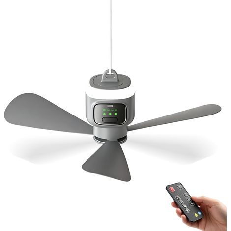 Ventilateur de plafond d'extérieur sans fil, batterie 12000 mAh avec lumière et télécommande, 4 niveaux, fonction minuterie, ventilateur suspendu portable pour tente, terrasse, pavillon (1/5)