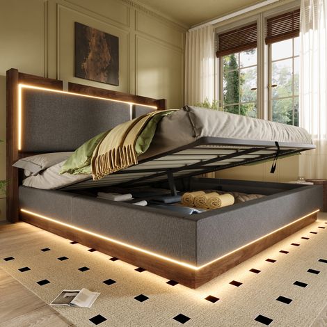 Letto contenitore imbottito per adulti 140x200 cm con illuminazione a LED, meccanismo di sollevamento idraulico, stile retrò, lino grigio e legno (1/5)