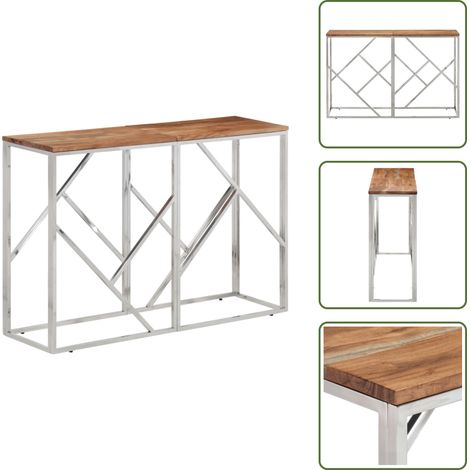 The Living Store Table console argenté acier inoxydable et bois massif d'acacia - Table Basse - Table D'appoint - Table Console - Meubles Salon - Décoration Intérieur (1/5)