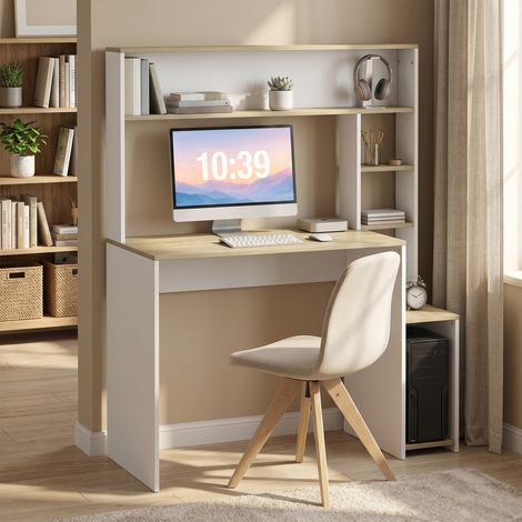 Bureau d'ordinateur, 114 x 45 x 138 cm, avec rangements, étagères ouvertes et support pour unité centrale, blanc et bois naturel (1/5)