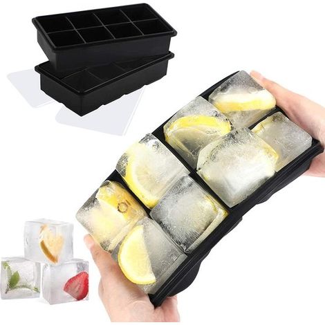 Eiswürfelform – 2er-Set XXL-Silikon-Eiswürfelformen mit Deckel – BPA-frei – Für 16 große Eiswürfel (5 cm) – Schwarz (1/5)