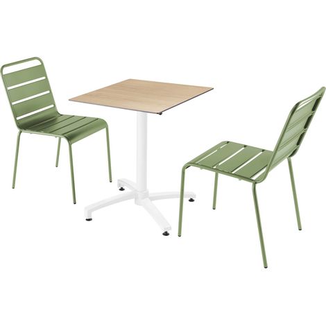 Ensemble table de terrasse stratifié chêne et 2 chaises vert cactus (1/5)