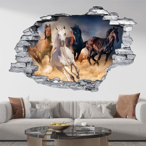 Stickers Trompe l'oeil trou dans le mur - Chevaux - 30 x 45 cm - Pierres grises (1/5)