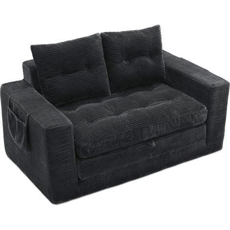 Canapé deux places convertible avec accoudoirs larges et poches latérales, cuir noir (1/5)