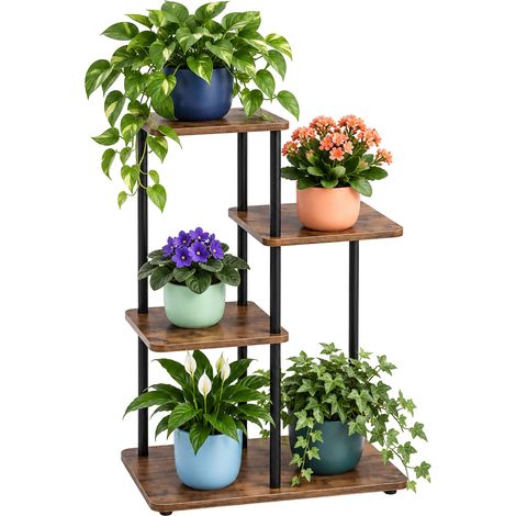 Relaxdays Plant Stand, 4 Tiers, HWD: 65x48x24 cm, Industrial Style, Plant Rack for 5 Flower Pots, Black/Brown (1/5)