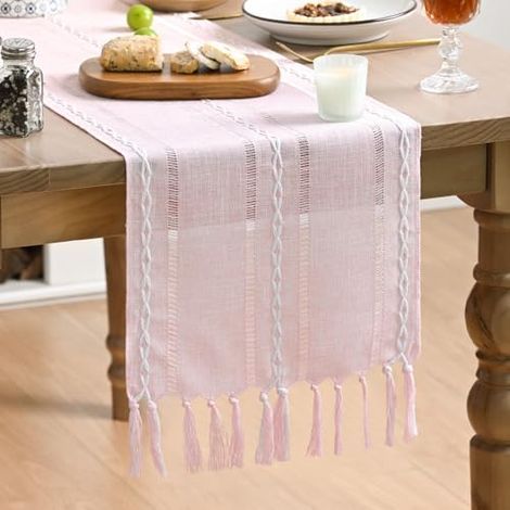 Chemin de table bohème, rose, style maison de campagne, pompons, Saint-Valentin, décoration de table, fête, anniversaire, Saint-Valentin, mariage, 33 x 183 cm (1/4)