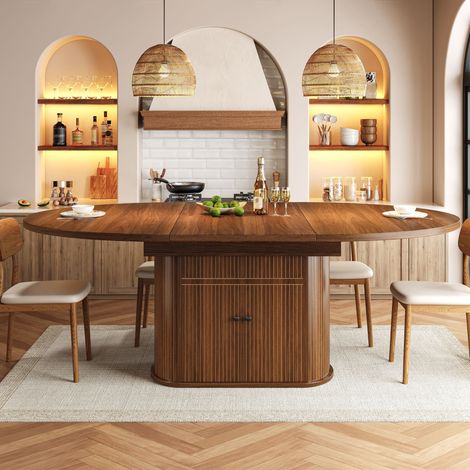 Table de salle à manger extensible 118-158x118x76,5 cm pour 4 à 6 personnes avec rangement, gain de place, table de cuisine - Marron foncé (1/5)
