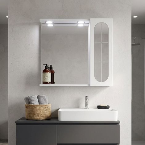 Specchio Bagno Bianco 58Cm, Pensile Con Anta Inglesina E Faretti Led