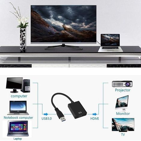 Adaptateur USB 3.0 vers HDMI, Convertisseur USB 3.0/2.0 vers HDMI 1080P Full HD (mâle à Femelle) avec Audio pour Ordinateur Portable Projecteur HDTV Compatible avec Windows XP 7/8 / 8.1/10 MNS (1/4)