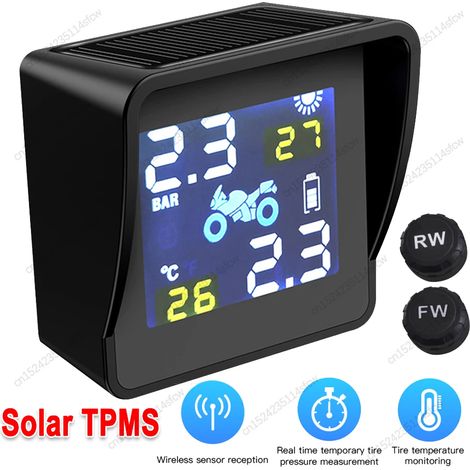 (TPMS pour moto) Capteurs solaires sans fil pour véhicules, surveillance de la pression des pneus, affichage numérique LCD, système d'alarme de surveillance de la température des pneus avec 2 capteurs (1/5)