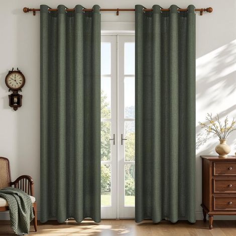 Rideau Voilage Effet Lin Tamisant à Œillets 140 x 240 cm, Rideaux Voilage Semi-Transparents pour Fenetre Baie Vitrée Chambre et Salon, Style Naturel, 2 Panneaux, Vert Olive (1/5)