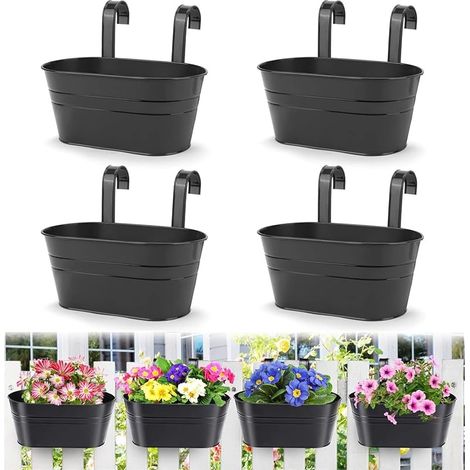 4 Pièces Pots de Fleurs Suspendus en Métal, 27.5CM Grands Pots de Plantes Seau à Fleurs Suspendu avec Crochet Amovible pour Balcon Clôture Jardin Maison Décor (Noir)
