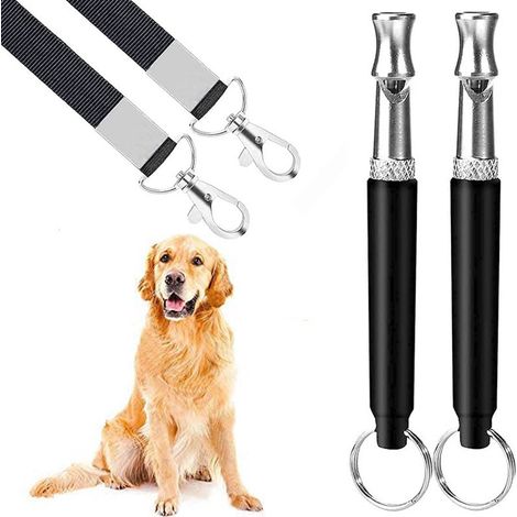 Sifflet pour chien, lot de 2 sifflets ultrasoniques professionnels pour stopper les aboiements, dressage au rappel, sifflet silencieux ultrasonique réglable avec cordon noir. (1/4)
