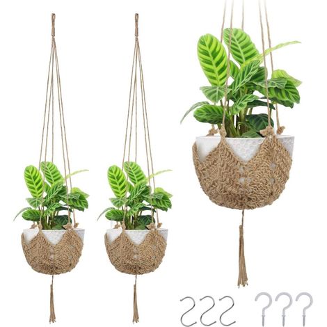 Lot de 3 longues suspensions en jute pour plantes en macramé pour pots de 7,6 à 30,5 cm avec 3 crochets en S et 3 clous à crochet (1/5)
