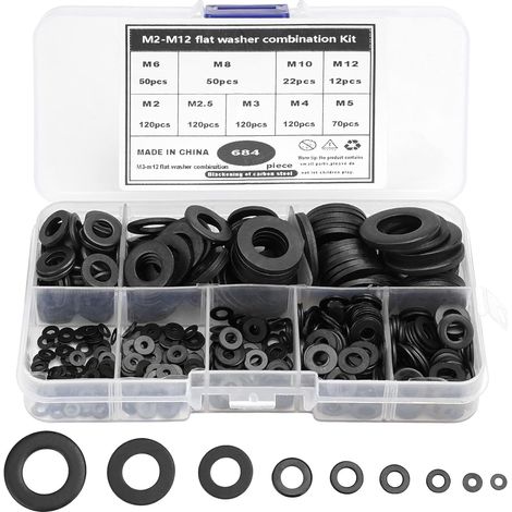 684 schwarze Unterlegscheiben, 9 Größen (M2, M2,5, M3, M4, M5, M6, M8, M10, M12), Unterlegscheiben aus Kohlenstoffstahl mit 1 Kunststoffbox, für industrielle mechanische Befestigungselemente (1/5)