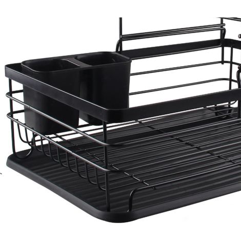 Étagère à vaisselle simple en fer forgé à double niveau, égouttoir pour assiettes et bols, noire. (1/5)