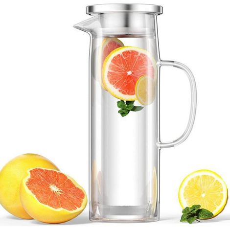 1 Carafe Eau, Verre borosilicaté, Couvercle acier inoxydable, 1.5 L, Pour jus café lait. (1/5)