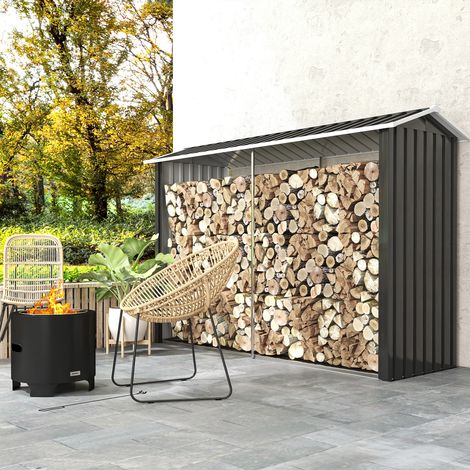 Abri à bois avec structure en acier galvanisé et base surélevée, 240 x 86 x 160 cm, noir (1/5)
