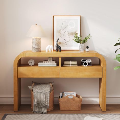 Console moderne avec tiroirs pour l'entrée, buffet à façade incurvée et pieds réglables, console étroite pour couloir, entrée ou salon (naturel)