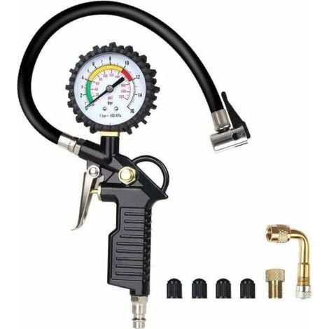 Manometre Pression Pneu, Numérique Manomètre Pneu, Pistolet de Gonflage Manomètre Avec 4 Bouchons de Valve//un Adaptateur de Buse à Air Français//une Tige de Rallonge en Métal de 90 Degrés-- (1/5)
