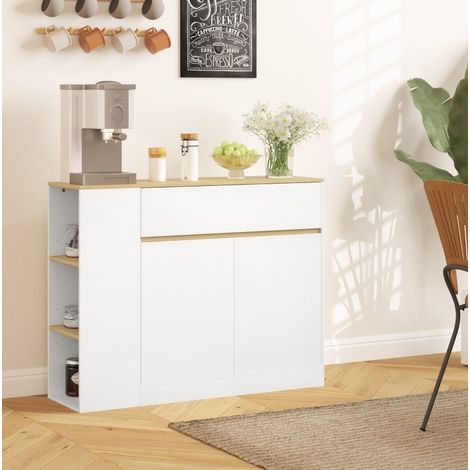 Sideboard en bois blanc 105x30x81,5 cm avec 2 portes, grande tiroir compartimenté, étagères réglables et fixation murale (1/4)