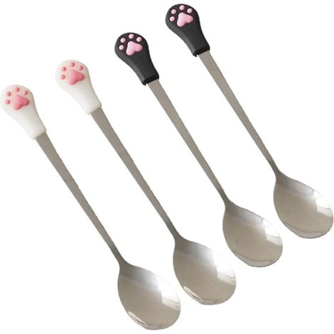 Lot de 4 cuillères à mélanger en Acier Inoxydable Motif Patte de Chat, cuillères à café, crème glacée, Dessert, Boissons Froides, cuillères à café (1/4)