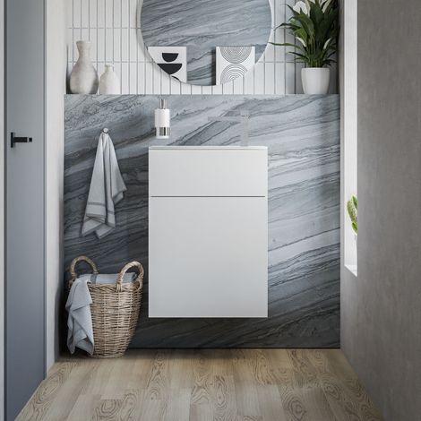 BERNSTEIN - Mueble lavabo suspendido MDF blanco mate, lavabo blanco mate + orificio grifería + desagüe, bisagra puerta izquierda - 50x26x72cm - KONDA blanco mate, blanco mate (1/5)