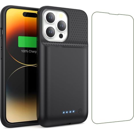 Coque Batterie pour iPhone 14/13 Pro/13, [7500mAh] Batterie Externe Rechargeable,Puissante Chargeur Portable Boitier d’extension Avec Verre Trempé Batterie L'étui pour iPhone 14/13 Pro/13 (A-Noir) (1/5)