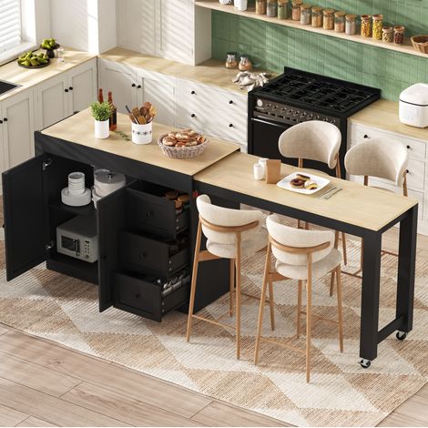 Isla de cocina móvil extensible con 3 cajones, armario, especiero y ruedas, negro DESVIAE (1/5)