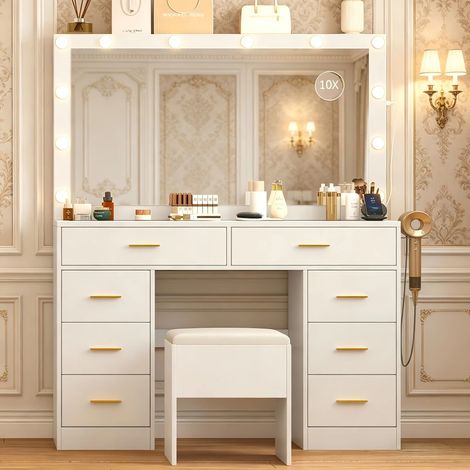 Coiffeuse avec miroir LED, 3 modes de lumière réglables, table de maquillage blanche avec prise, 8 tiroirs, support pour sèche-cheveux, grand miroir pour chambre (1/5)