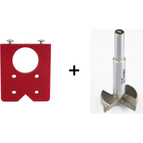 Outil de positionnement des trous de charnière (rouge) + foret de 35 mm Gabarit de perçage pour charnières de 35 mm, outil auxiliaire de perçage pour le travail du bois, gabarit de perçage pour charni (1/5)