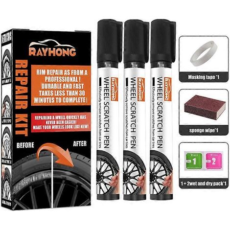 Kit de réparation universel pour jantes en alliage et en acier (3 pièces), réparation rapide et facile des rayures sur jantes noires. (1/4)