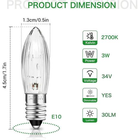 Ampoule E10 34V 3W Bougie avec 7 Points de Combustion Ampoules de rechange, 30LM Blanc Chaud 2700K, Ampoule Bougie E10 pour Arche Lumineuse, Arbre de Noël, Guirlande, Lot de 10 (1/5)