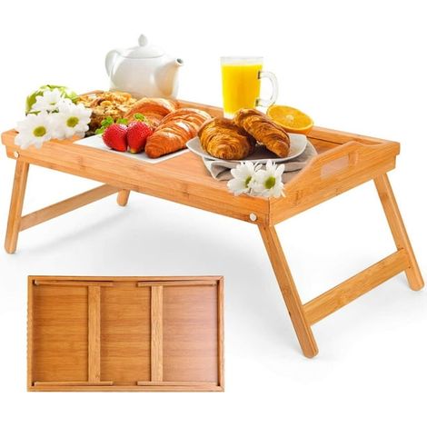 EASYCOMFORT Table de Petit Déjeuner Pliable en Bambou - Pieds Réglables, Plateau de Service (1/5)