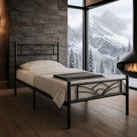 Struttura Letto Singola In Acciaio Al Carbonio Rete A Doghe Metalliche Con Decorazione Per Cameretta Stanza Ospiti Design Elegante Minimal 207 X 97 X 88.5 Cm - Colore: Nero (1/5)