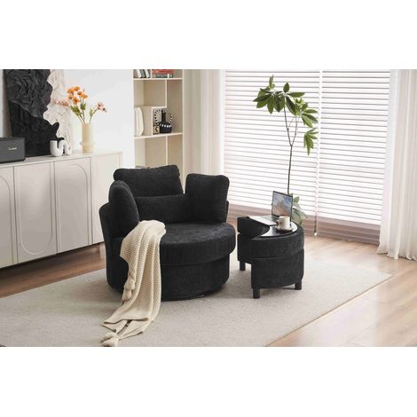 Chenille Swivel Armchair with 3 Back Cushion Pillow Ottoman Crescent Stool, Black (1/5)
