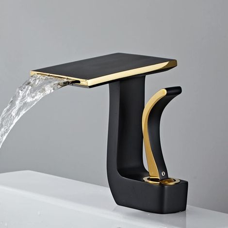 Waterfall Basin Faucet, Hot and Cold Water Tap, Basin Mixer Tap, Single Handle Basin Tap, Brass (Black + Gold) MUMU (1/4)