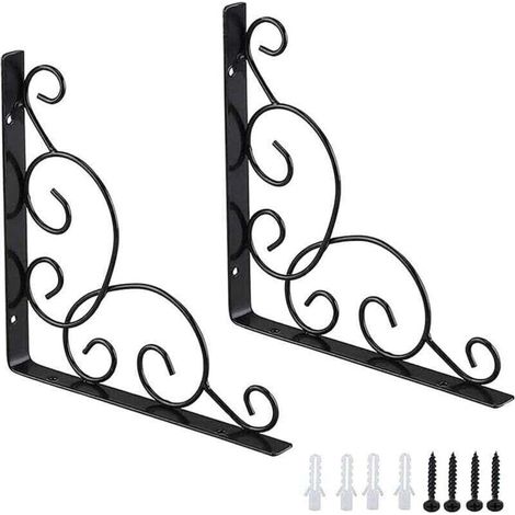 Equerre D'étagere en Fer Forgé, 2 Pièces Équerres pour Étagère de Jardin, Équerre pour Étagere Murale en Fer, Équerre de Support D'étagère, pour Cuisine Salle de Bain Bureau Restaurant (Noir) (1/4)