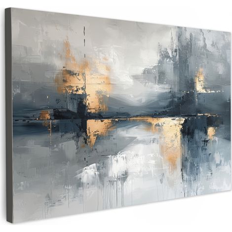 CUADRO EN LIENZO Arte - Gris - Oro - Abstracto Cuadros Decoracion Salon Modernos 120x80 cm