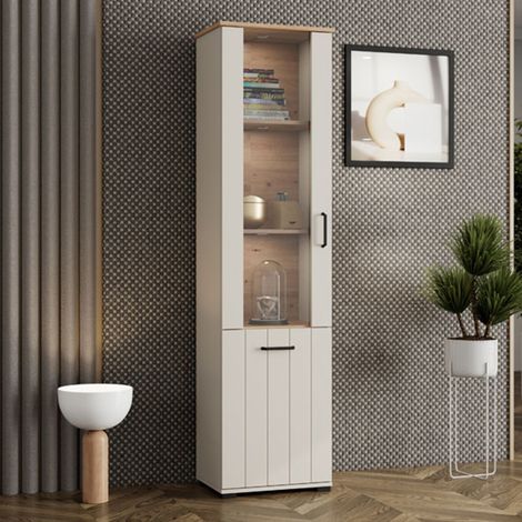 Vitrina Entrac, Mueble Expositor 4 Estantes, Una Puerta, con Patas, Detalle de Cristal en Puerta, 50x36x191h cm Blanco Crema (1/5)