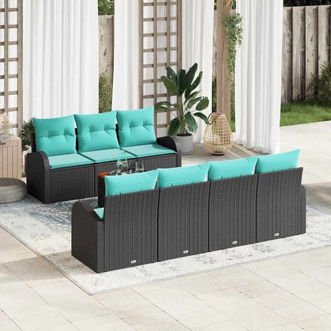 Salon de jardin modulable 8 pièces en polyrotin et bois d’acacia noir et turquoise - PANGIVO (1/5)