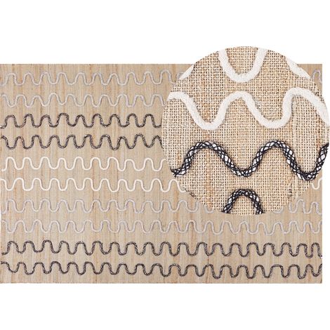 Alfombra de yute beige blanco negro 140 x 200 cm patrón geométrico retro Sogut