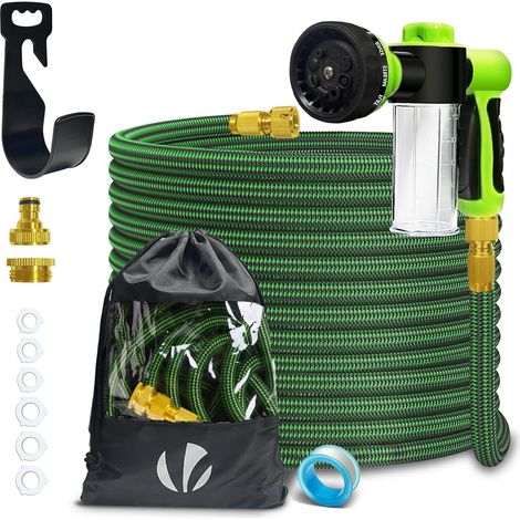 Tuyau d’Arrosage Extensible 15m Renforcé avec Récipient Savon Adaptable 1/2" et 3/4" 8 Modes de Pulvérisation Flexible et Anti-Fuite Raccord et Sac de Rangement Fournis Vert (1/5)