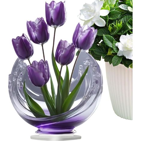 Lot de 2 figurines florales génériques, tulipes violettes en acrylique 2D, décoration de table, ornement de bureau, sculpture décorative en forme de bouquet pour salon, chambre, maison, fête des mères (1/5)